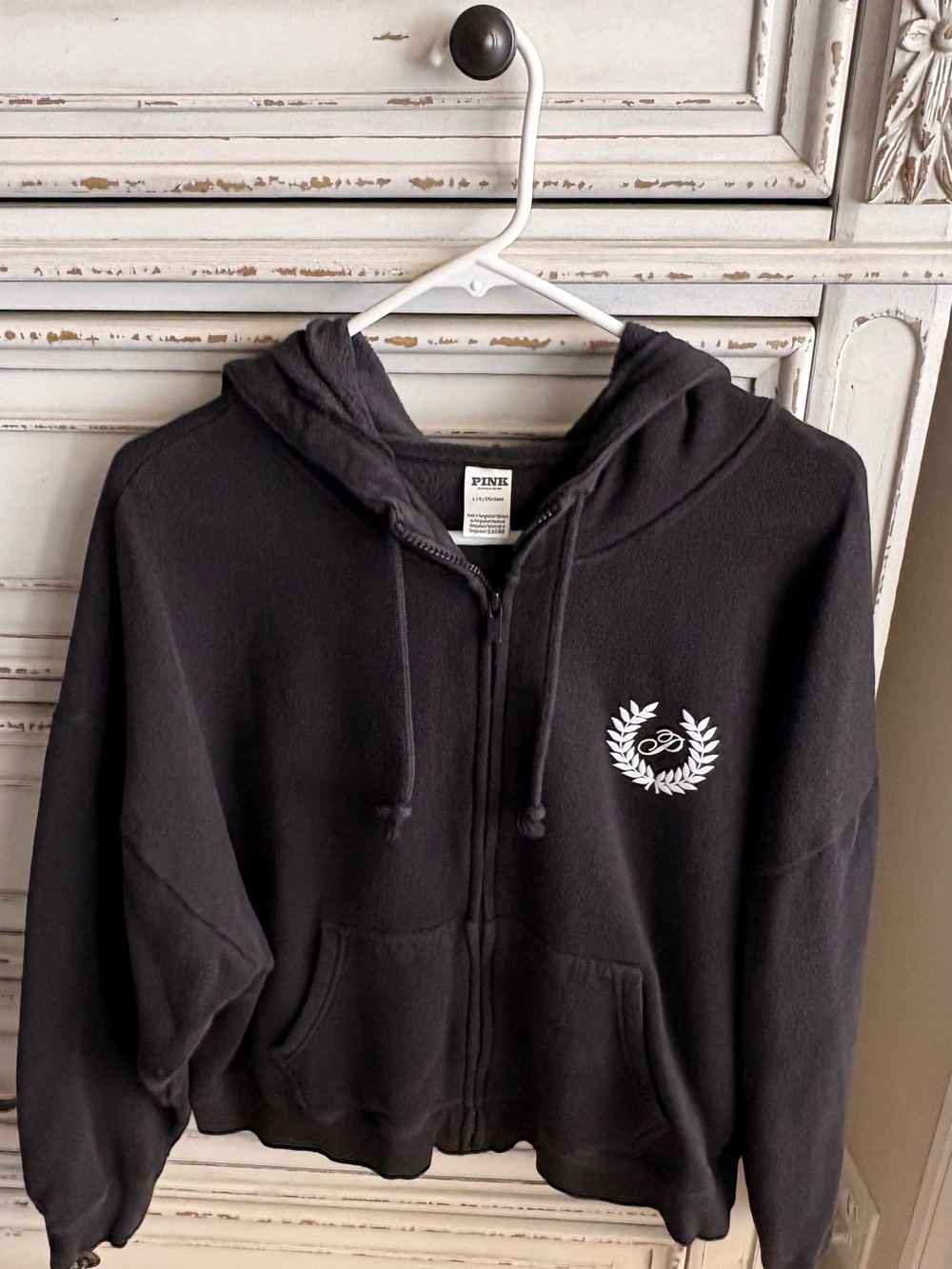 PINK Victoria's Secret Black Zip-Up Hoodie with Laurel Crest